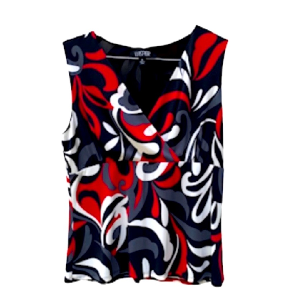 Kasper surplice sleeveless v-neck top. Red, black & white print Size 10